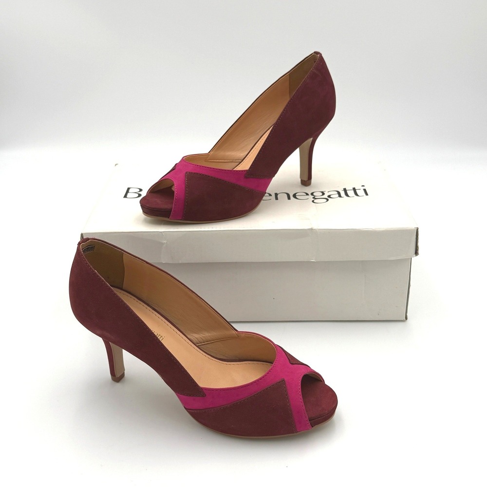 Bruno Menegatti Angie Peep Toe Pump Size 5 Burgundy Pink Nubuck Leather Heel NWB